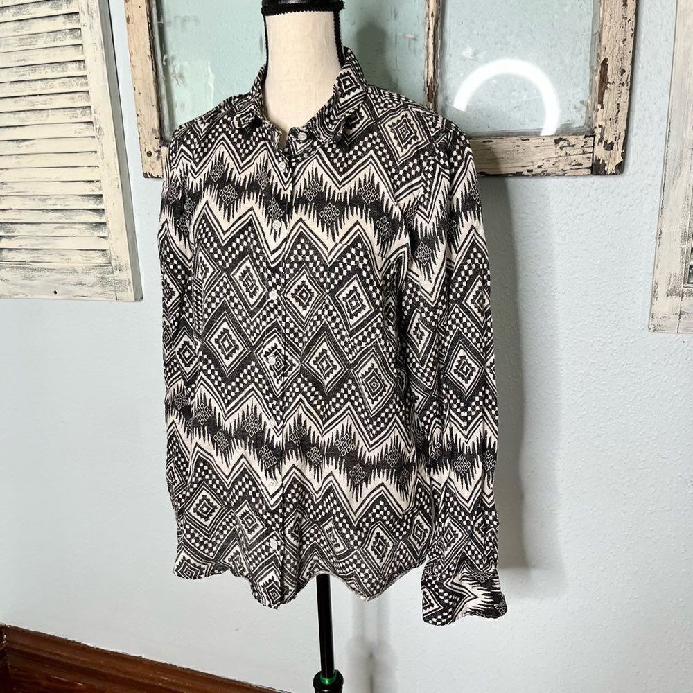 J. Crew Men's Linen Retro Geometric Print Button Up Long Sleeve Shirt Size 12 - Picture 2 of 9